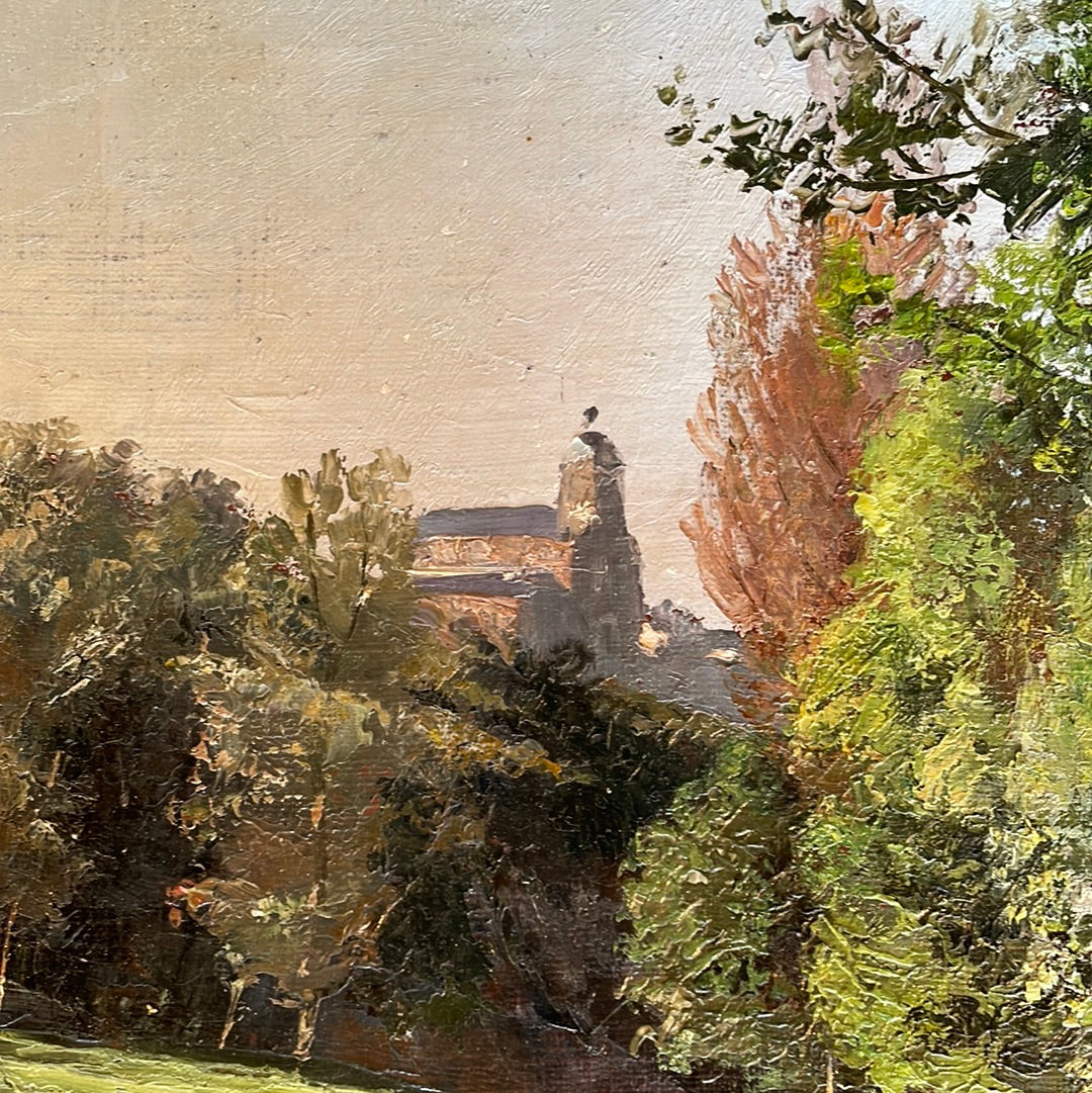 Oil on Board - Painting of a Church in Background