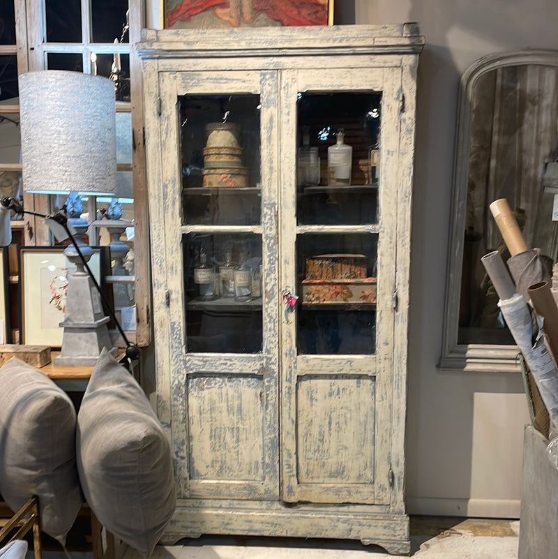 Blue Crusty Vitrine with Wood and Glass Doors