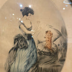 Lithograph-Oval Frame Lady with Pet