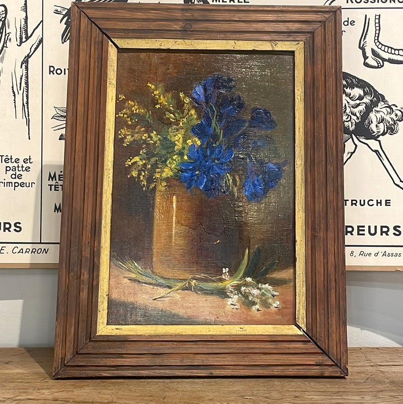 Framed Oil on Board - Crock with Blue & Yellow Flowers