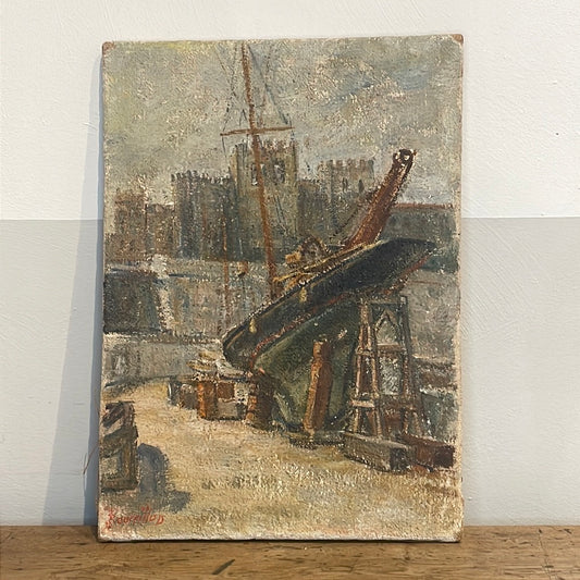 Small Unframed Oil on Canvas of a Shipyard