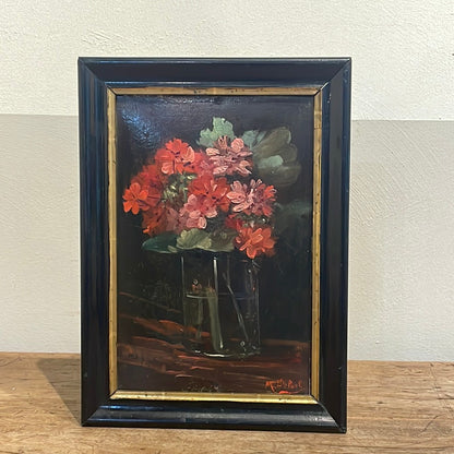 Framed Oil on Board - Red Geraniums