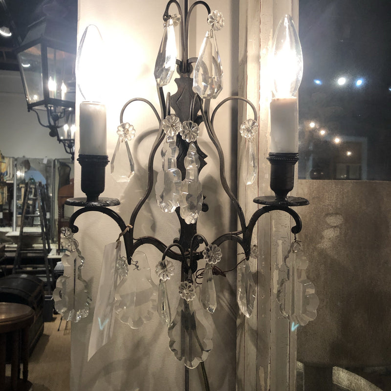 Pair of Bronze & Crystal Sconces