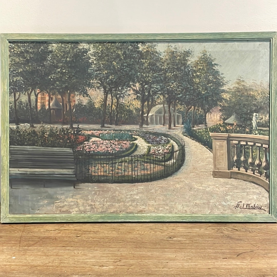 Framed Oil on Canvas - Park Scene by DelMedico