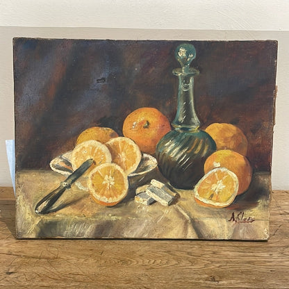 Unframed Oil on Canvas - Oranges with Blue Glass Vessel