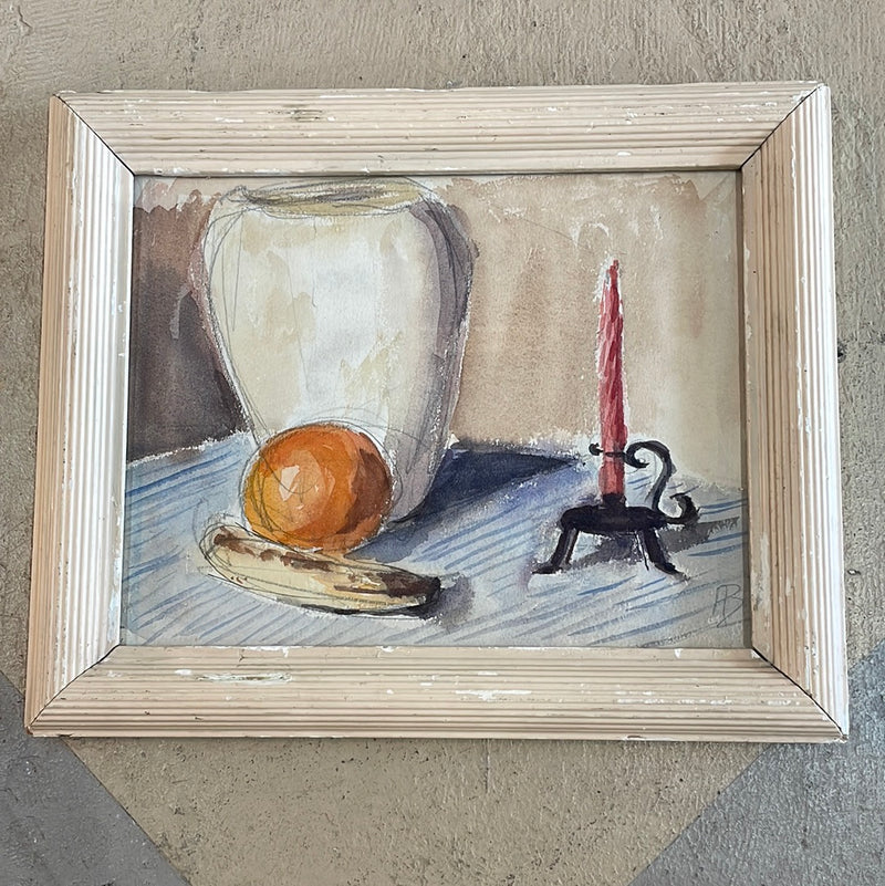 Watercolor- Orange and Candle with Fluted Cream Frame