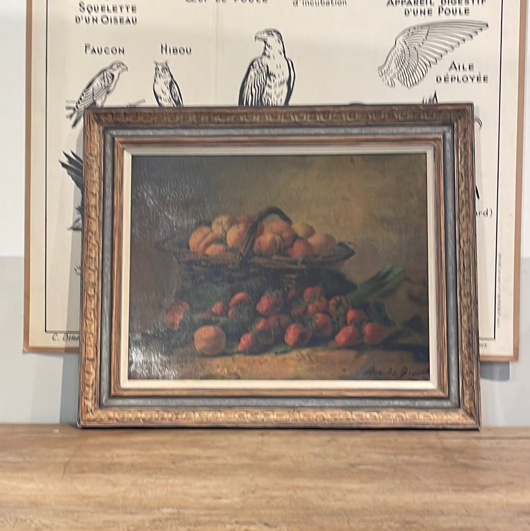 Framed Oil on Board - Still Life Strawberries and Peaches