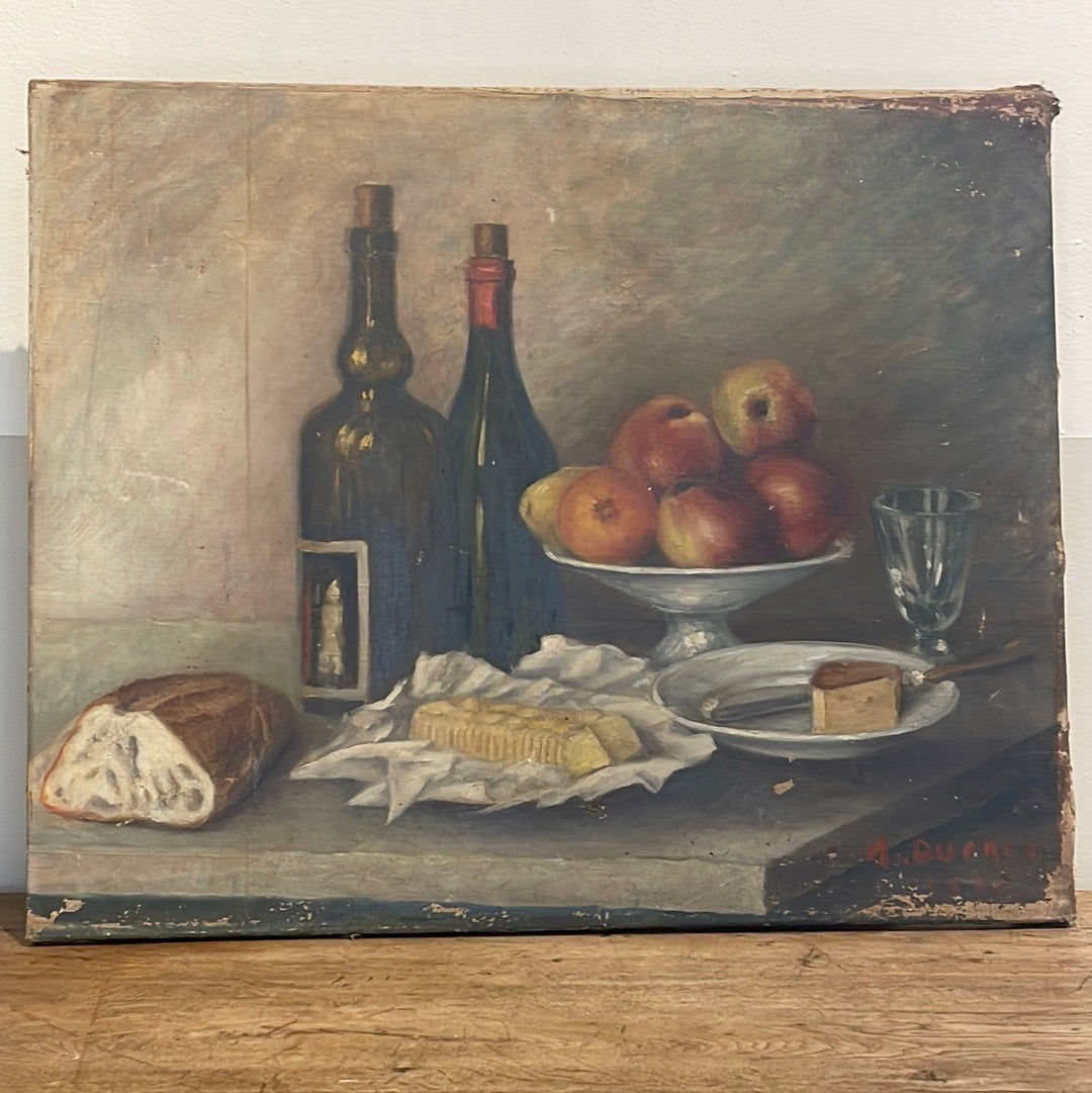 Unframed Oil on Canvas - Still Life with Wine Bottles, Apples and Cheese